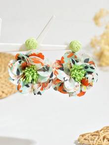 一对手工波西米亚复古彩色布艺花朵耳环，独特设计，时尚节日风格，优雅DIY耳环，送给妈妈、爱人、朋友的特别礼物，适合女性日常、派对、节日、度假佩戴 - 綠色 - 查看 4