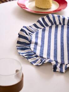 1/2/4/6件装蓝白条纹荷叶边圆形餐垫，北欧简约风格，厨房装饰，适用于节日、派对、生日、婚礼、晚宴、办公桌、咖啡桌、家居装饰、宿舍装饰、摄影背景，四季皆宜 - 藍白色 - 查看 2