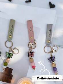 Personalized Keychain, Daisy Beaded Keychain, Butterfly Shaped Keychain (Customizable With Name/Initial/Date), Women's Style - Customizable Engraved Leather Keychain With Beaded Pendant, Name/Initial/Date - Cute And Fashionable Bag Charm, Suitable For Valentine's Day, Birthday, Daily Use - Multicolor - View 4