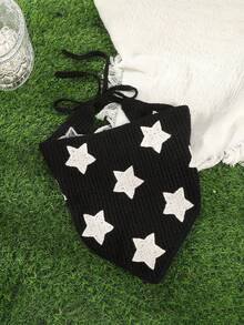 1件装女士街头风个性化黑色底针织星三角发带女士头巾时尚发饰度假发带优雅发巾 - 黑色 - 查看 2