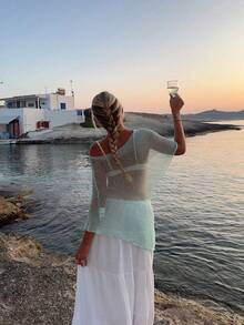 SEREN Women's Summer New Green Sexy Single Shoulder Top, Casual Thin Irregular Hem See Through Women's Sun Visor, Loose Beach Vacation Style Women's Knitted Top, Women's Beach Clothing Beach Wear, Music Festival, Vacation, Bohemian, Sexy, Women's Sun Visor, Women's Beach Wear, Summer Clothing, Summer Top, Women's Summer Clothing,Holiday Outfits,Summer Vacation Outfits,Vacation Outfits For Women - Green - View 10