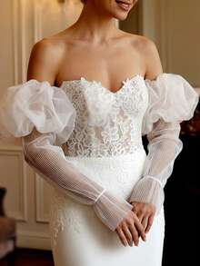 Manches de mariée en organza blanc avec manchettes élastiques, accessoires de mariage - laiteux - Voir 3