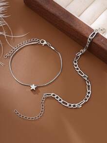 2pcs/Set Multi-Layer Silver Star Layered Bracelet, Minimalist & Fashionable, Suitable For Women's Daily Wear - Silver - View 3