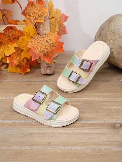 1 Pair Girls' Summer Fashion Flat Slippers, Gradient Color Upper, Metal Buckle Decor, Slip-On, Round Toe Open Toe Stylish Children Shoes, Suitable For Daily Wear, Walking, Outdoor