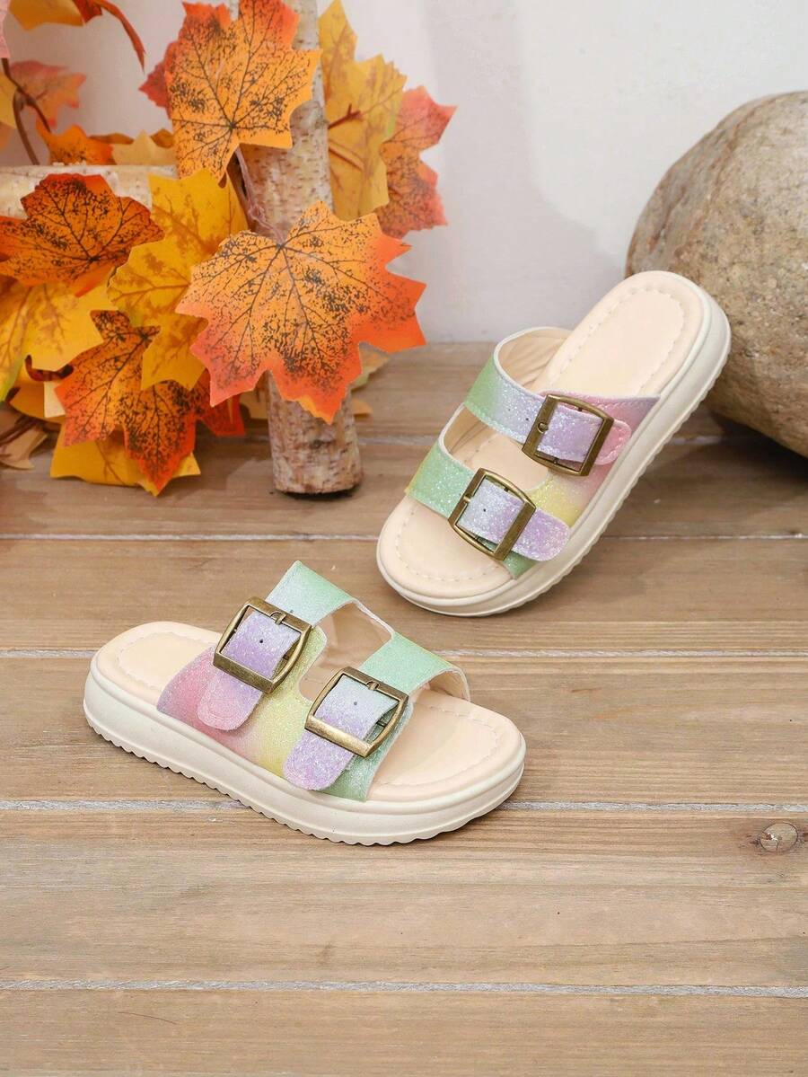 1 Pair Girls' Summer Fashion Flat Slippers, Gradient Color Upper, Metal Buckle Decor, Slip-On, Round Toe Open Toe Stylish Children Shoes, Suitable For Daily Wear, Walking, Outdoor - Beige - View 1
