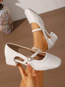 百搭厚底凉鞋，复古编织镂空绑带方头玛丽珍鞋，时尚办公服饰 - 米色 - 查看 3