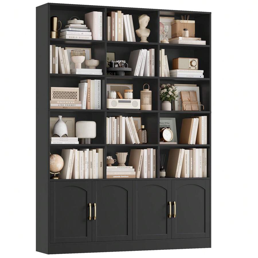 209cm Bookcase Tall Bookshelf With Doors 7-Tier Living Room Bookcase And Shelving Unit Free Standing Display Rack With 15 Open Compartments 209x150x23.7cm Black - Black - View 1