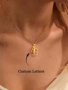 Custom 18K Gold Plated Stainless Steel Double Letter Pendant Necklace - Elegant Minimalist Design Letter Pendant Necklace, Couple Gift, Handmade Initial Necklace, Birthday Gift, Christmas Gift, For Her/Him, Silver, Fashion, Colorful, Vintage, Unisex, Minimalist, Casual, Customized, Personalized, Unique, Ideal Gift For Him, Ideal Gift For Her - Gold - View 3