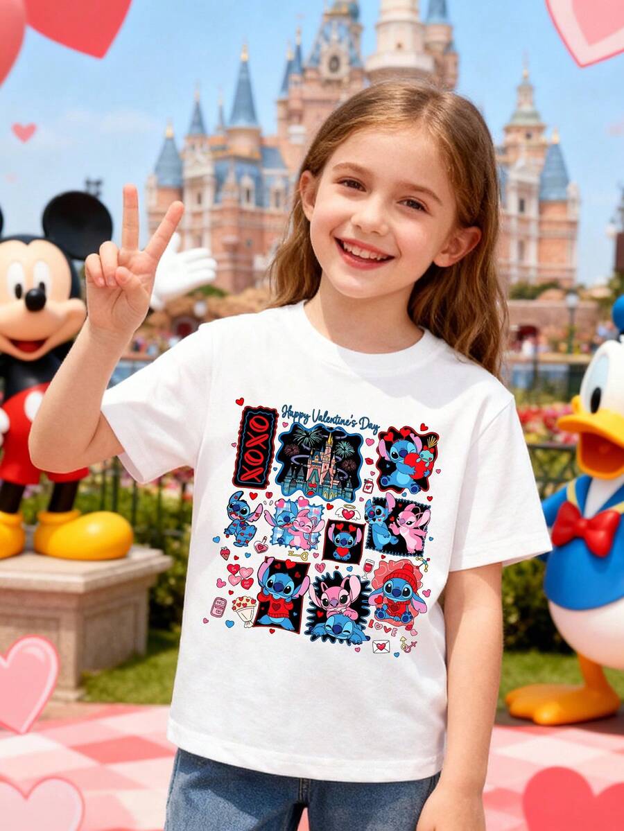 Disney Clothing, Featuring Stitch And Anqi Valentine's Day-Themed Lettering On A Girls' T-Shirt. This Soft, Breathable Short-Sleeve Crew Neck Tee Is Perfect For Spring And Summer Outfits, Ideal For Everyday Wear, Vacation Leisure, Outdoor Activities, School Life, And Shopping Trips. It Also Makes An Excellent Gift For Boys And Girls Alike. Every Child Deserves One. - 白色 - 查看 1