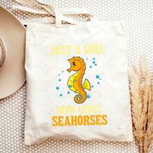 Large Capacity Stylish Seahorse Pattern Canvas Tote Bag - Durable Shoulder Handbag, Perfect Gift For Ocean Enthusiasts - Black - View 7