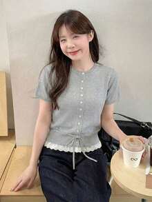 Grey Knit Cardigan Short Sleeve Women Slim Fit Collegiate Style Summer Round Neck Lace Patchwork Thin Top With Drawstring Hem - Grey - View 4