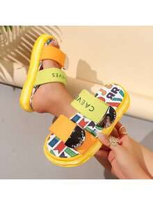 Sandal nữ đế dày, kiểu dáng tối giản, họa tiết graffiti Dopamine, có khóa dán. - Vàng - Xem 3
