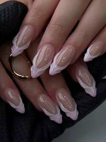 24片装短款杏仁形3D凝胶美甲片，春夏款，经典波浪线艺术印花美甲，粉色波浪线法式亚克力按压式美甲，完美贴合假指甲套装，包含：1片果冻凝胶和1个指甲锉。易于佩戴，打造秋季美甲和法式美甲，适合女性日常工作佩戴，也适合派对美甲使用。 - 彩色 - 查看 7