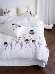 花卉植物刺绣被套套装，白色三件套，包含1个被套和2个枕套，超柔软透气时尚被套