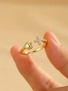 1 chiếc nhẫn hình trái tim đính đá Cubic Zirconia lấp lánh tinh tế, phụ kiện trang sức thanh lịch để đeo hàng ngày, phù hợp cho mọi mùa và là món quà ý nghĩa. - Vàng - Xem 3