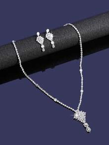 3件套镀铑奢华皇家风格V形几何设计新娘结婚首饰套装，适合日常、婚礼、晚宴佩戴 - B4313-R - 查看 1