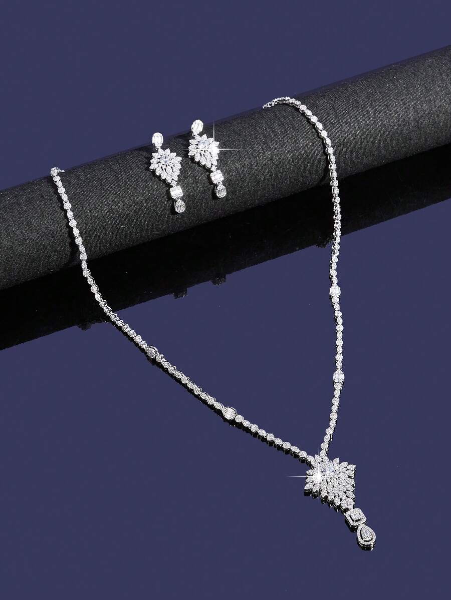 3件套镀铑奢华皇家风格V形几何设计新娘结婚首饰套装，适合日常、婚礼、晚宴佩戴 - B4313-R - 查看 1