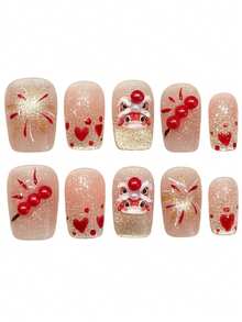 10Pcs Nude Pink False Nails With Lion Heart Design Glitter Artificial Nails For Party And Daily Use