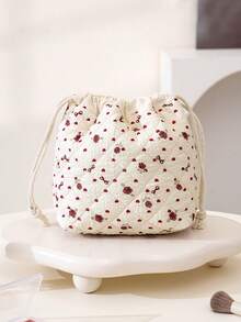 1Pc Flower/Rose/Bow Print Quilting Desktop Upright Drawstring Storage Bag Multifunctional Storage Basket Storage Bucket,Girls Large Capacity Cosmetic Organizer Bag Makeup Bag Toiletry Bag Camera Bag Pencil Holder Cabinet Storage Products,Skincare Storage Basket,Women Cute Make Up Storage Drawstring Bag