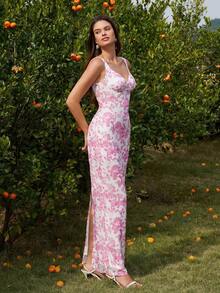 PARTHEA Women's Sleeveless Pink Black Floral Print Straps Cami Maxi Dress Elegant Ruched Slit Backless Design High Stretch Long Party Wear - Pink - View 4