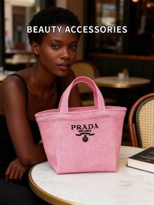 Prada 时尚手提包，饰有精致刺绣logo，编织手提包，度假手提包，通勤购物包，适合日常通勤、购物和度假，是完美的节日礼物。