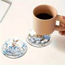 6pcs/Set Easter Blue Hydrangea & Rabbit Pattern Wooden Coasters, Suitable For Home, Restaurant And Various Occasions, Can Be Used As Daily Gifts, Desktop Decorations And Theme Party Decorations, Easter Gifts, Easter Decorations, Available In 1 Set, 2 Sets Or 31 Sets - White - View 2