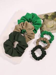 6pcs Multi-Color (Khaki, Dark Green, Turquoise) Fabric Casual Scrunchies Set, High Elasticity Fashion Hair Ties For Women - Multicolor - View 8