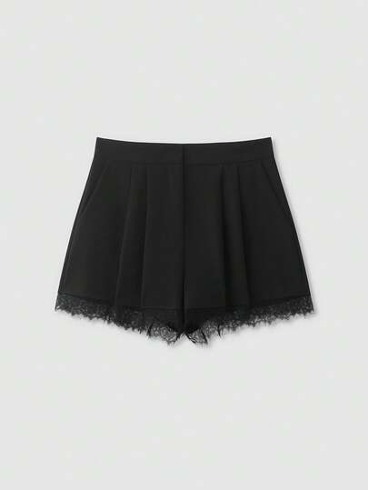 Women's Solid Color Lace Trim Pleated Casual Shorts Black
