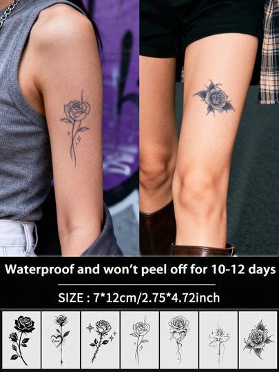 7片装玫瑰图腾半永久纹身贴纸，防水防汗，可持续1-2周，逼真草本汁液，防摩擦，不反光，黑色，男女通用，可用于手臂、胸部、腿部、腹部、腰部、手指、颈部、脊柱等部位，打造现代主义人体艺术风格。