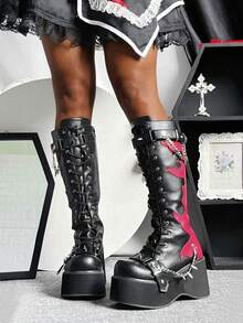 Goth Platform Boots For Women Back To School Punk Motorcycle Boots Mid Calf Round Toe Boots Back Zip Wedges Fall Boots - 黑紅色2 - 查看 7