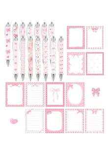 16pcs White & Pink Bow Theme Stationery Set, Includes Bow Pocket Notebook, Sticky Notes, Ballpoint Pen & Mini Notebook, Bow Theme Party Gift, Suitable For Butterfly Theme Baby Shower, Birthday Party & Office Supplies - Pink - View 8