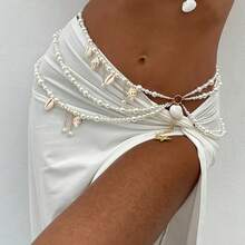 Fashionable Faux Pearl Starfish & Seashell Pendant Waist Chain, Multi-Layered Pearl Beach Bikini Chain - 彩色 - 查看 4