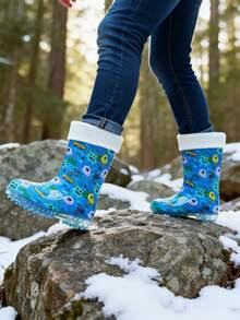 女士中筒靴，可爱卡通图案，雪地靴，带可拆卸羊毛饰边，休闲日常鞋款 - 淺藍色 - 查看 2