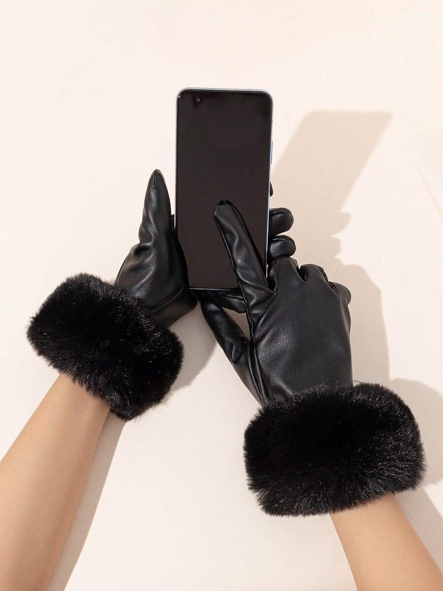 1pair Women's Leather Touchscreen Gloves With Fuzzy Lining, Warm And Windproof Halloween Accessories Winter Gloves - 黑色 - 查看 1