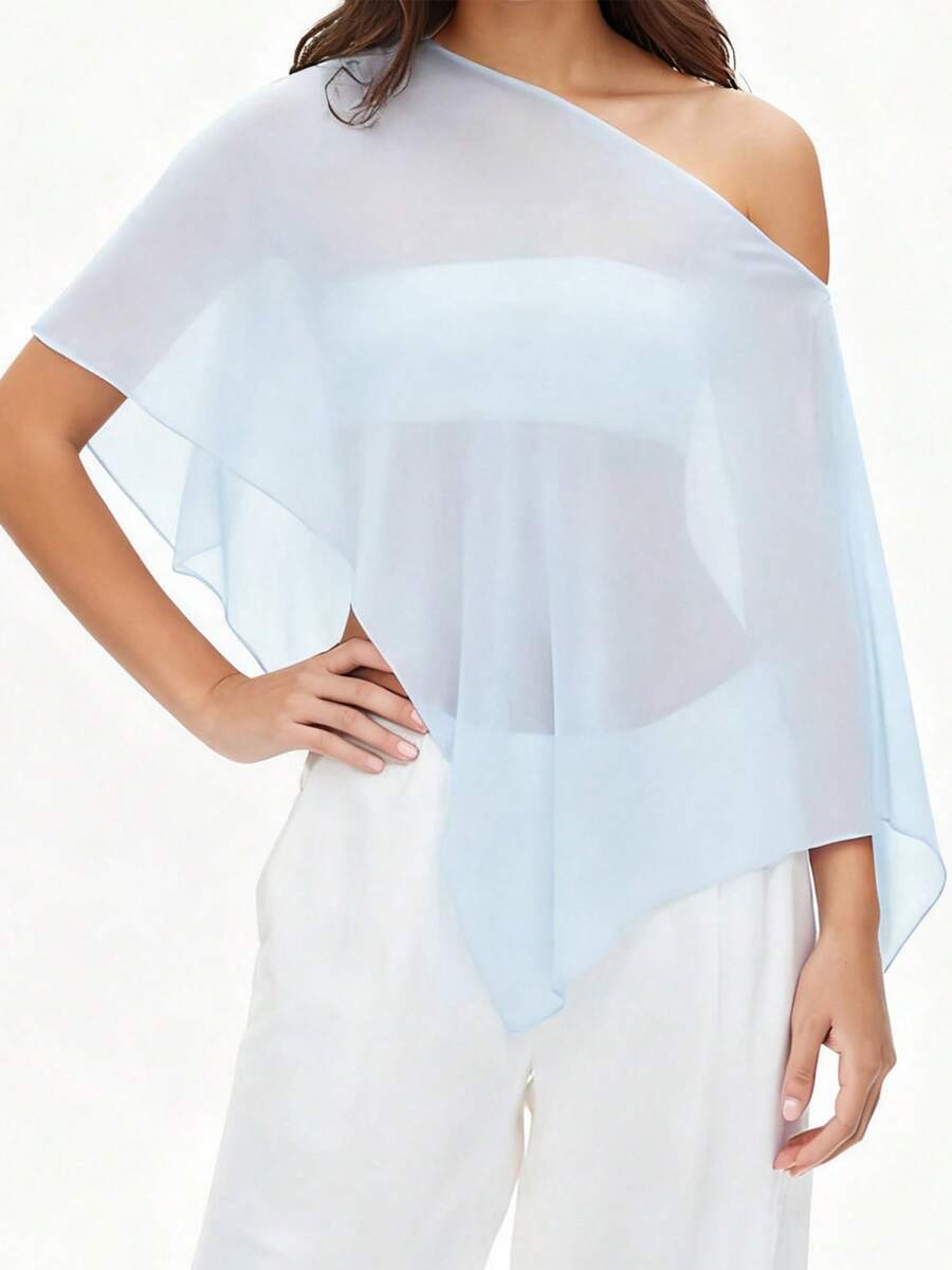 Womens Sheer Chiffon Mesh Top Featuring An Asymmetrical Hem To Sculpt A Graceful Layered Silhouette Perfect For Elegant Wedding Guest Outfits Formal Evening Parties Sophisticated Gallery Openings And Stylish Upscale Social Gatherings - 天藍 - 查看 1