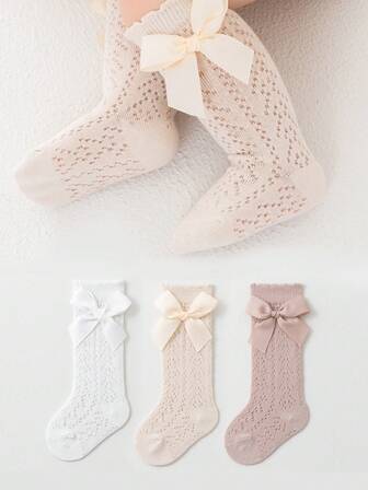 3 Pairs Children Bow Mesh Leg Stockings Anti-Mosquito Breathable Mid-Calf Socks, Sweet Princess Style