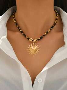 1pc Autumn/Winter Vacation Ocean Style Women's Pendant Necklace, Retro Bohemian Metal Starfish Pendant, Leopard Print Fabric Simple Personalized Choker Necklace, Casual Daily Beach Vacation Versatile Accessory - Leopard - View 11