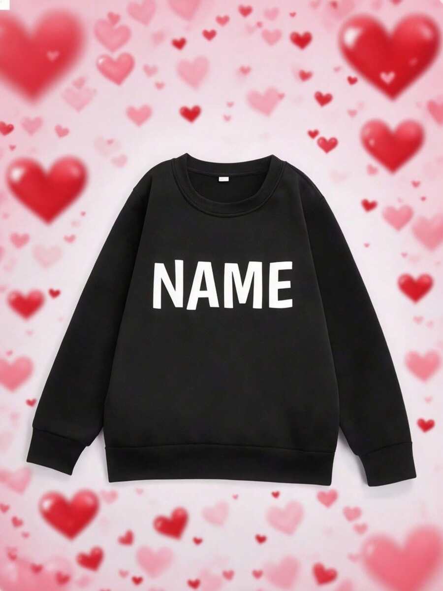Customizable Name Girl Casual Long Sleeve Sweatshirt - Soft Round Neck Pullover, Spring/Autumn Casual Outfit, Gray And Black, Girls' Sweater, Autumn Pullover, Basic Style Design(Size:110cm-150cm) - Black - View 1