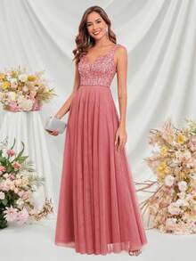 Đầm dạ hội dáng chữ A không tay cổ tim đính sequin lưới cho nữ mùa xuân và hè, đầm dự tiệc cưới thanh lịch, đầm tốt nghiệp, đầm dạ tiệc, đầm hóa trang lễ hội. - Màu Hồng  San hô - Xem 2