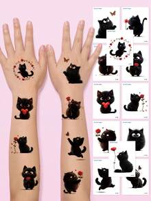 STARTTOOS 12张3D可爱黑猫临时纹身贴纸，玫瑰花和猫咪图案，适合生日派对、生日礼物、角色扮演，防水持久3-5天 - 黑色 - 查看 5