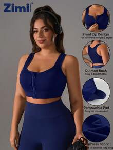 Zimi Collection 1pc Plus Size Women Seamless Wireless Zip-Front Sports Bra, Comfortable Racerback Design For Outdoor Cycling, Running, Yoga - Navy Blue - View 6