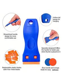 Safety Plastic Cleaning Scraper, Replaceable Blade Tool For Car Window Sticker & Adhesive Removal, Kitchen Stove & Wall Grease Cleaner - Blue + Orange - View 8