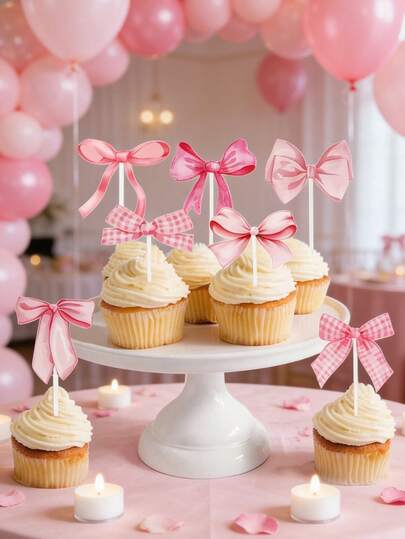 16pcs/Set Pink Bow Cake Topper, Pink Bow Party Cake Decoration Supplies,Pink Bow Cake Insert,Birthday Cake Decor, Baby Shower Party Supplies,Wedding Party Dessert Decor, Baking Decor Supplies,Ice Cream Decoration,Dining Table Decor,Pink Bow Birthday Party Decor, Birthday Gift Party Favor