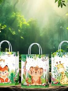 1/6/12/20 unidades de sacolas de lembrancinhas com estampa de animais da selva, com alças, para lembrancinhas de doces com tema de animais do zoológico, presentes para festas temáticas de selva, para casamentos e aniversários. - Multicolorido - Ver 3