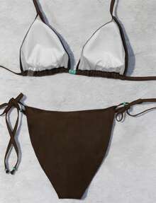 Plus Size Women's Beaded Tie-Up Two Pieces Bikini Set, Suitable For Vacation, Beach, Date, Valentine's Day. Brown Strap Triangle Cup Tie-Up Swimsuit Set - Brown - View 5