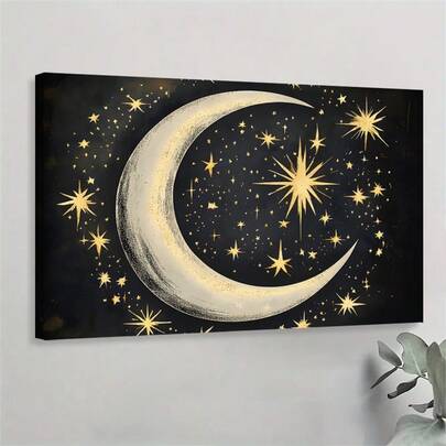 1幅帆布墙画 - 星月交辉，深色背景上点缀金色光芒，适合卧室、客厅或办公室装饰，是家居装饰爱好者的理想礼物，也是办公室艺术品 | 星空主题墙画 | 耐用墙贴，复古无框墙面装饰海报