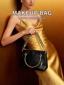 1pc Black Leather Shoulder Chain Bag, Glossy Leather Crossbody Bag, Women Handbag - Black - View 4