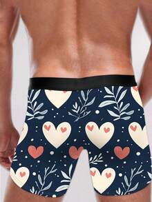 男士平角内裤 1 件装 - 心形叶子印花浪漫内衣，情人节礼物及舒适日常穿着，浪漫心形印花内裤，爱心主题印花内裤，送给他的完美情人节礼物及日常穿着 - 黑色 - 查看 2