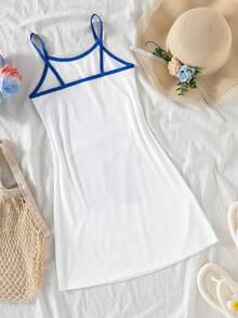 少女休闲度假印花吊带连衣裙，修身A字版型，春夏款 - 白色 - 查看 5