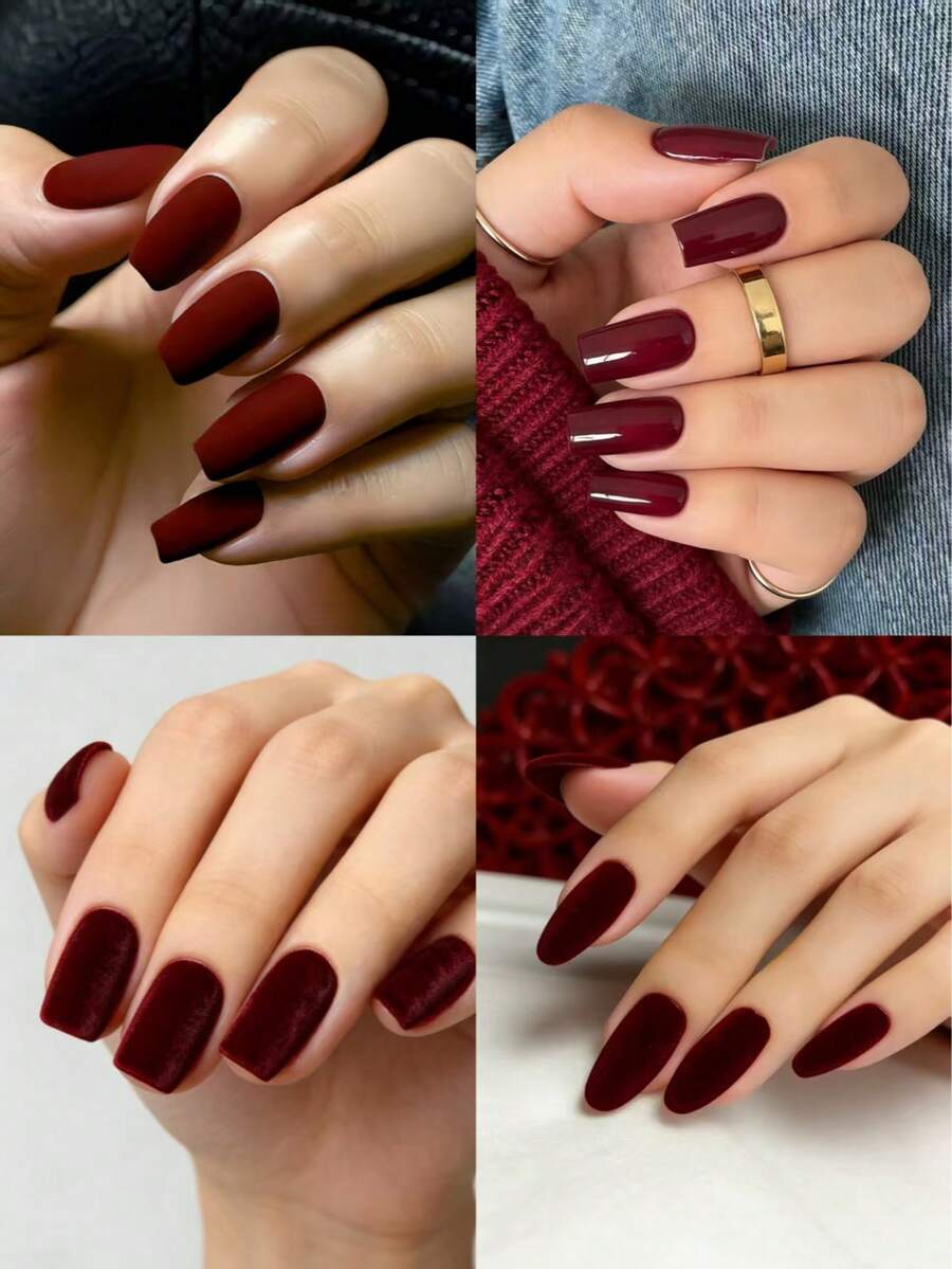 96片装中号方形、杏仁形和棺材形浪漫红色和哑光酒红色全覆盖假指甲套装，包含1张粘性贴纸和1个迷你指甲锉，适合女性和女孩，随机发货美甲用品 - 紅色 - 查看 1